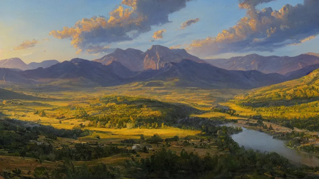 Image similar to The most beautiful panoramic landscape, oil painting, where the mountains are towering over the valley below their peaks shrouded in mist. The sun is just peeking over the horizon producing an awesome flare and the sky is ablaze with warm colors and stratus clouds. The river is winding its way through the valley to an ancient italian village, some smoke comes out of the village, the trees are starting to turn yellow and red, by Greg Rutkowski, aerial view