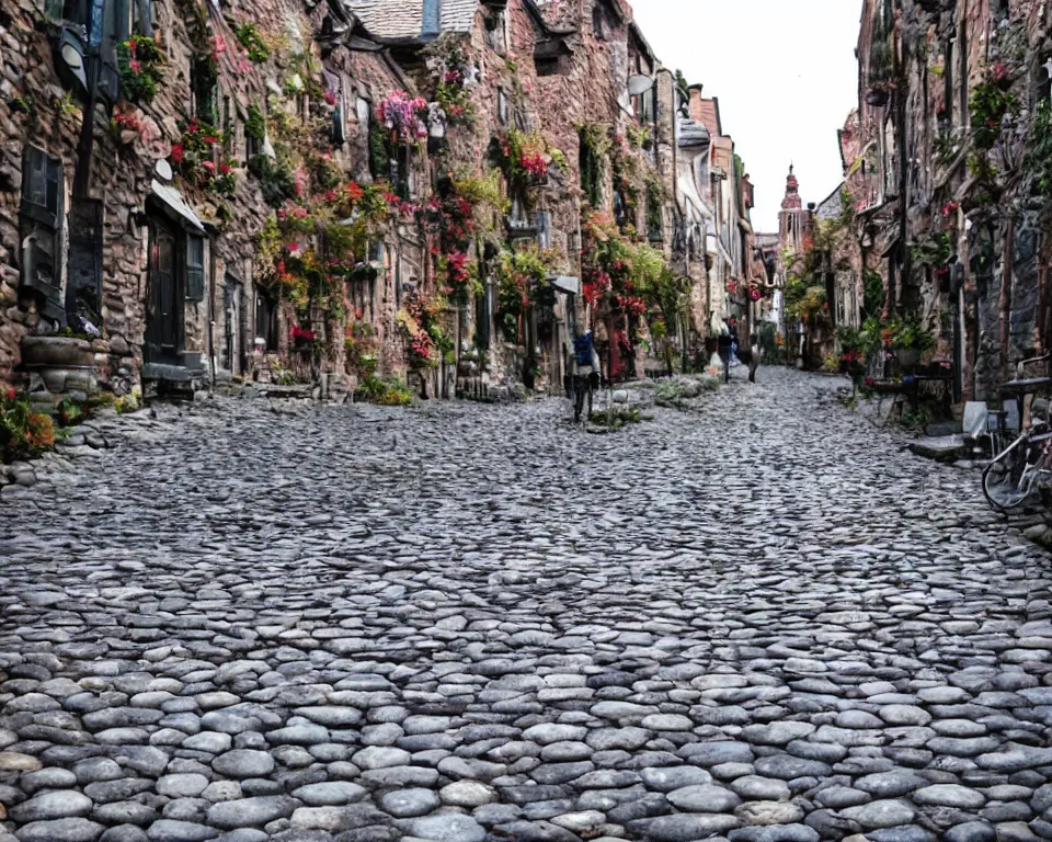 Prompt: cobblestone streets filled with fae, cobblestone, faerie, fanciful