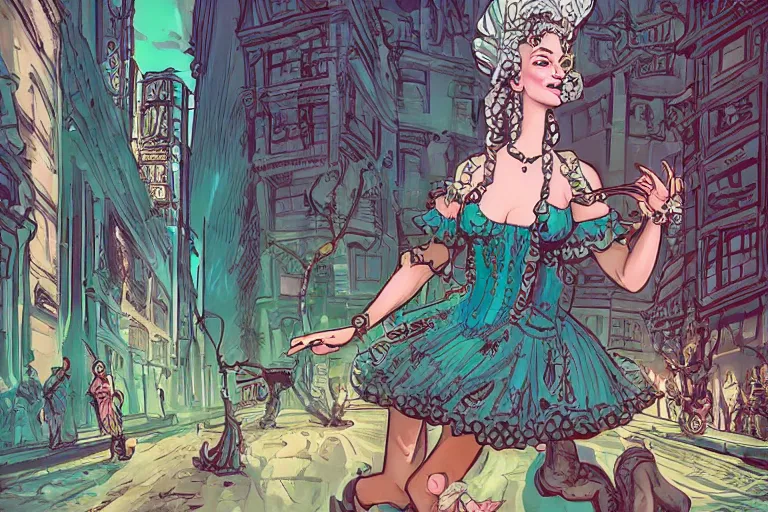 Image similar to exctatic Marie Antoinette in a rococo shaman dress dancing in with animal spirits, ornate cyberpunk city street, by Chiara Bautisya, and Laurie Greasley, Jen Bartel, Background by Tarmo Juhola, syd mead, cinematography Roger Deakins