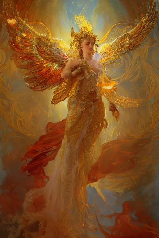 Prompt: an intricate painting of a beautiful angel with fire wings surrounded by energy, hyper detailed, ornamental gold headpiece, octane render, vivid colors, artstation, by jeremy mann, by alphonse mucha, by boris vallejo