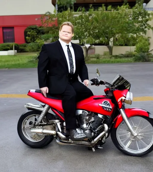 Image similar to Andy Richter is dressed in a black suit and a red necktie and riding a motorcycle into a television studio lot. There are Soundstages and movie caravans on the studio lot. It is a bright afternoon and overcast.