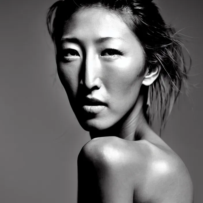 Image similar to young beautiful woman dichen lachman, gorgeous face, black and white photography portrait, skin grain detail, high fashion, full - body, 8 k,, ultra sharp focus, photography by richard avedon, and paolo roversi and nick knight, and hellmut newton, studio lighting film noir style