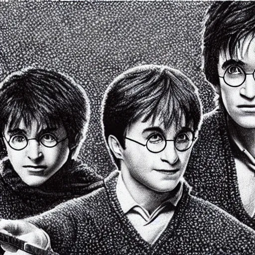 Image similar to a film still of harry potter, pointillism artwork by craig mulling