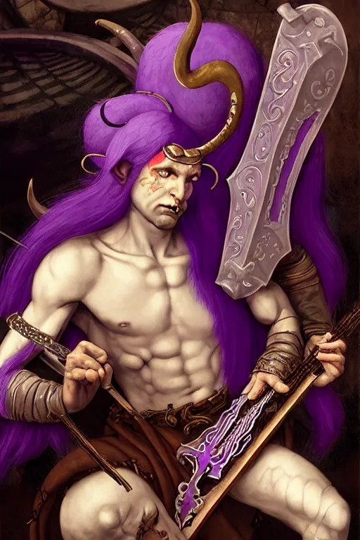 Image similar to tiefling bard with white horns on his head, purple skin, he is playing a heavy Metal song. the background is a friendly tavern. The mood is friendly and welcoming. dungeons and dragons, highly detailed, digital painting, artstation, concept art, sharp focus, illustration, art by Leonardo da Vinci and Michelangelo and Botticelli