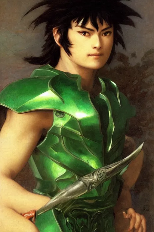 Image similar to Dragon Shiryū from Saint Seiya with his green armor by William Adolphe Bouguereau