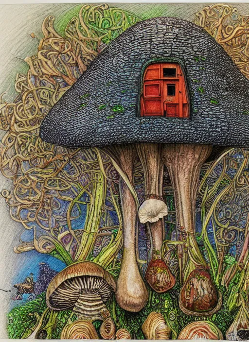 Image similar to a hybrid between a mushroom and a house,, insanely detailed, studio light, patrick woodroffe, colored pencil