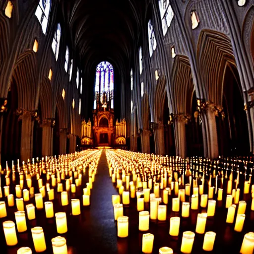 Prompt: symmetry!!, thousands of candles in a german cathedral at night, candles are the only light source, ultra wide angle, large format, candles in foreground, low camera position, amazing professional picture, light halos, stylized