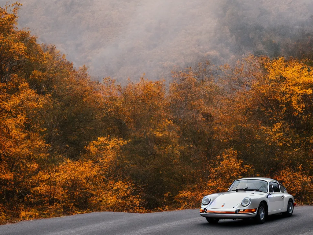 Image similar to a porsche singer with lights on a mountain road, autumn leaves, motion blur, 3 5 mm photography, car photography, clean lines, realistic