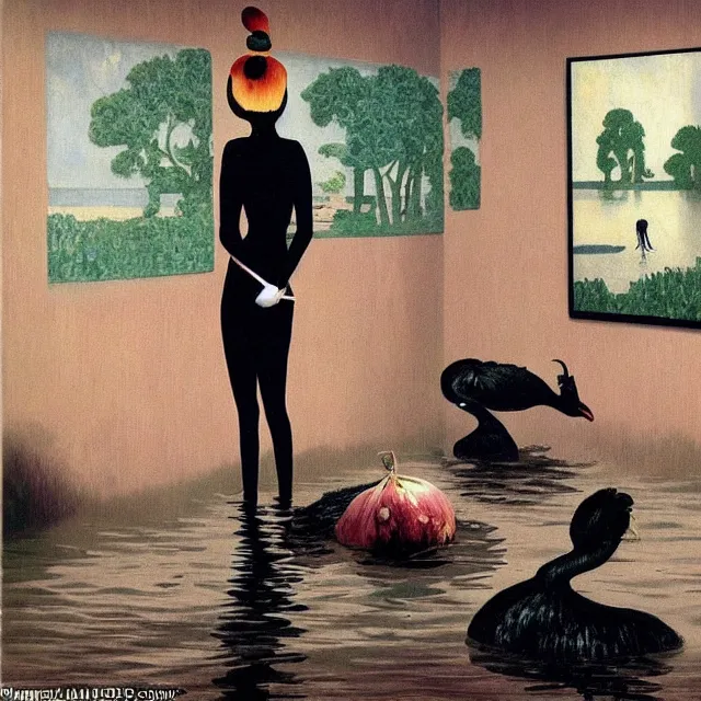 Image similar to tall female emo artists in their flooded apartment, painting of flood waters inside an artist's home, a river flooding indoors, pomegranates, pigs, ikebana, zen, water, octopus, river, rapids, waterfall, black swans, canoe, berries, acrylic on canvas, surrealist, by magritte and monet