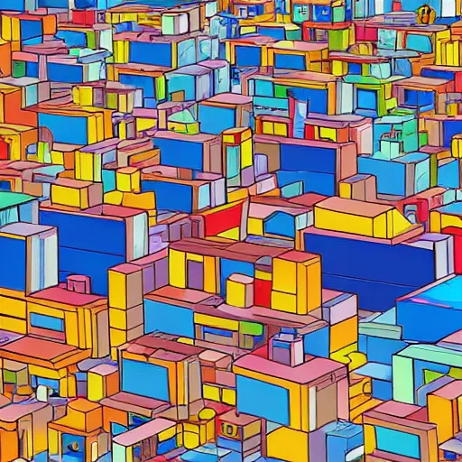 Prompt: futuristic city on a mountainside, red - yellow - blue buildings, city, q - bert blocks, colorful blocks on hillside, 3 d blocks, cel - shaded, raytracing, cel - shading, toon - shading, 2 0 0 1 anime, flcl, jet set radio future, drawn by artgerm