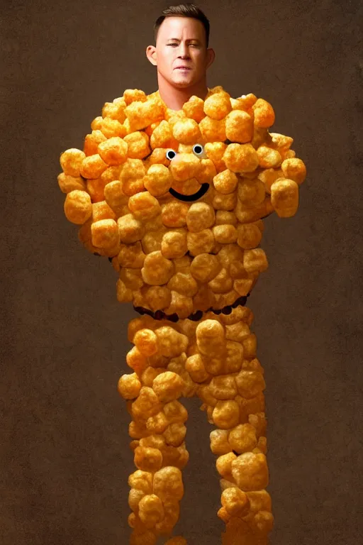 Image similar to channing tatum wearing a tater tot costume, oil on canvas, intricate, 8 k highly professionally detailed, hdr, cgsociety