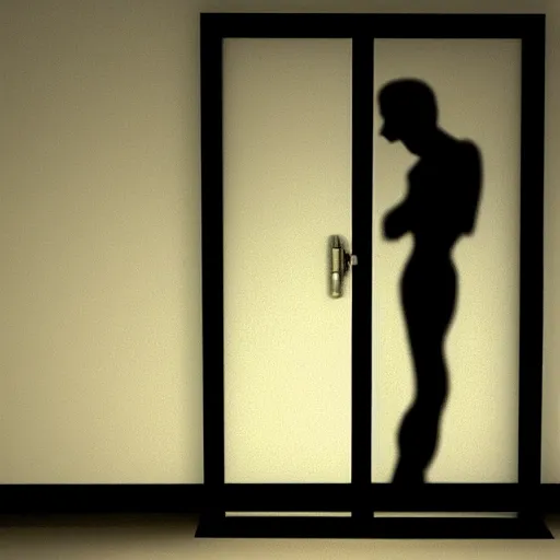 Prompt: silhouette of an shadow figure on a door through a closed glass door, creepy, artstation
