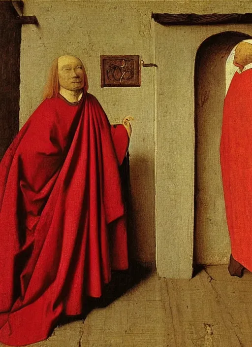 Image similar to red cloth, medieval painting by jan van eyck, johannes vermeer
