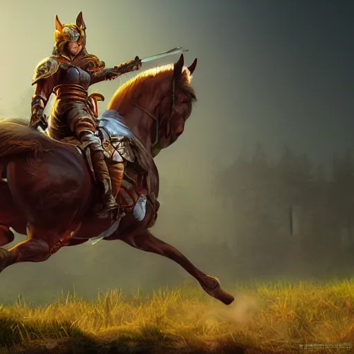 Image similar to An epic fantasy comic book style painting of cat knight sitting on a horse, unreal 5, DAZ, hyperrealistic, octane render, cosplay, RPG portrait, dynamic lighting