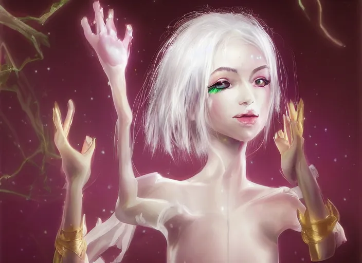 Image similar to mysterious fate girl with silk glowing white hair with glowing white stings coming out of her hands, she poses as a puppeteer with her hands infront of her concept art trending on artstation oilpaint portrait