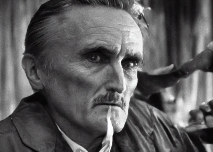 Prompt: Film still of Dennis Hopper in Twin Peaks (1990), evil in the Black Lodge from Twin Peaks, eerie lynchian photography