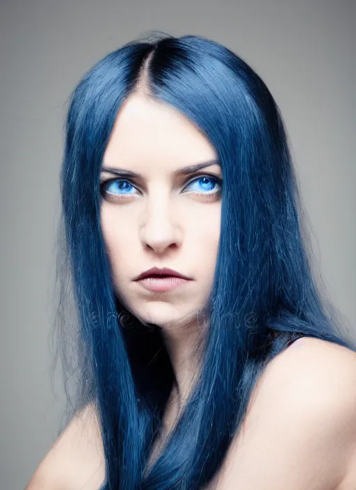 Prompt: portrait photograph of the most beautiful woman with a long dark blue hair, blue eyes, stern expression, award winning