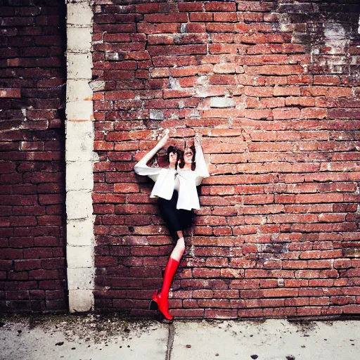 Prompt: fashion photo natasha karsavina nata lee breaking through a brick wall like the kool - aid man