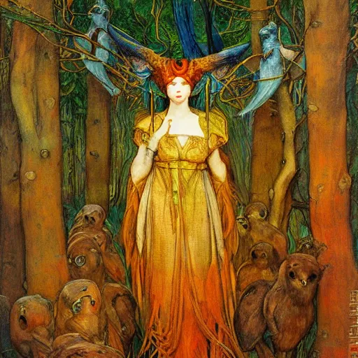 Prompt: the queen of the forest with her birds, by Annie Swynnerton and jean delville and Nicholas Roerich and Tino Rodriguez, elaborately costumed, rich color, dramatic cinematic lighting, extremely detailed