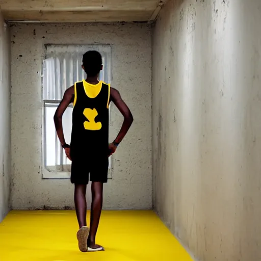 Image similar to black teenage boy with a long nose wearing a white tank top, walking in a nostalgic room with yellow walls and brown carpet