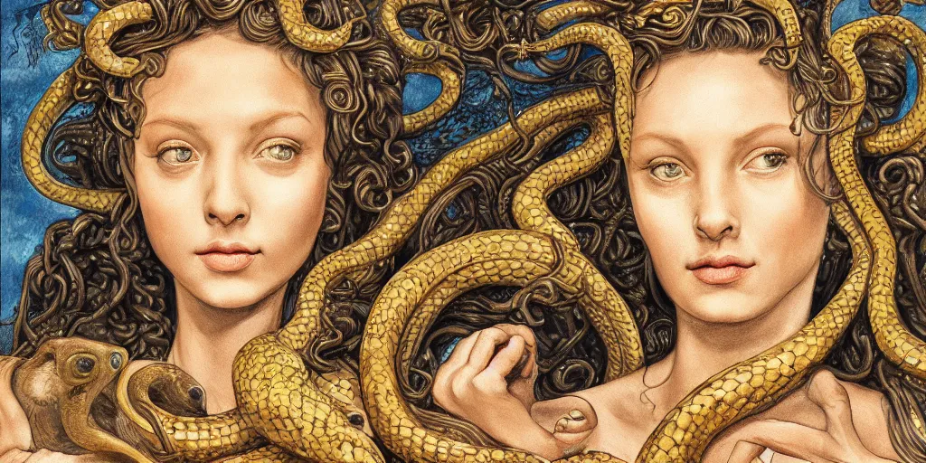 Image similar to realistic portrait of medusa with her snakes, golden, delicate, hyper realism, 1 4 5 0, ink, ultra realistic, 8 k