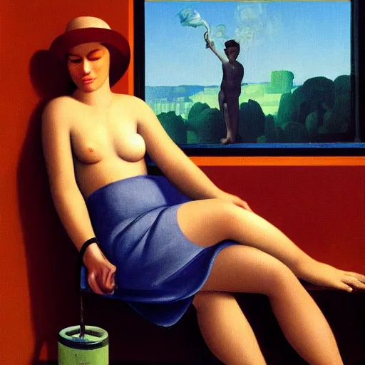 Image similar to feeling this way is a-okay, smoking hashish by the marijuana den by Raphael, Hopper, and Rene Magritte. detailed, romantic, enchanting, trending on artstation.