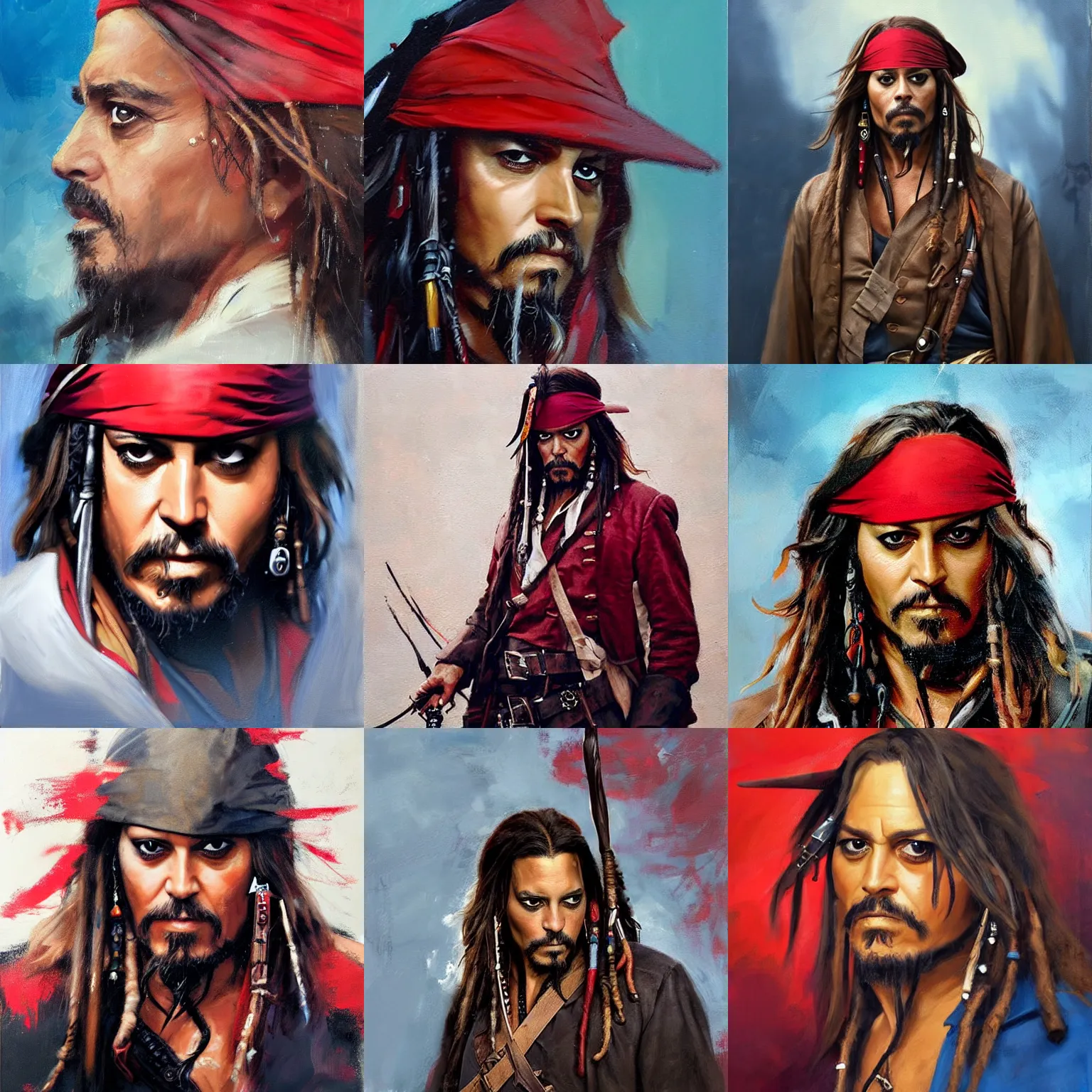 Prompt: greg manchess portrait painting of george clooney as captain jack sparrow, medium shot, asymmetrical, profile picture, red vest, organic painting, rainy day, vibrant, matte painting, bold shapes, hard edges, street art, trending on artstation, by huang guangjian and gil elvgren and sachin teng