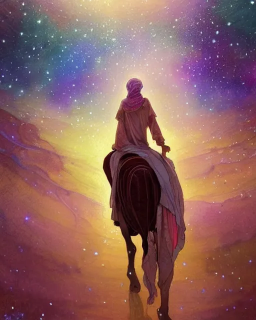 Image similar to bedouin in galaxy walking towards mosque surrounded by nebula, highly detailed, gold filigree, romantic storybook fantasy, soft cinematic lighting, award, disney concept art watercolor illustration by mandy jurgens and alphonse mucha and alena aenami, pastel color palette, featured on artstation