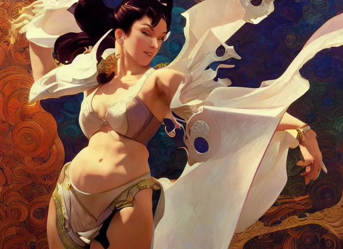 Image similar to feminine chun li, full body, cubism, fantasy, intricate, elegant, highly detailed, digital painting, art station, concept art, smooth, sharp focus, oil painting, art by syd mead and greg rutkowski and alphonse mucha