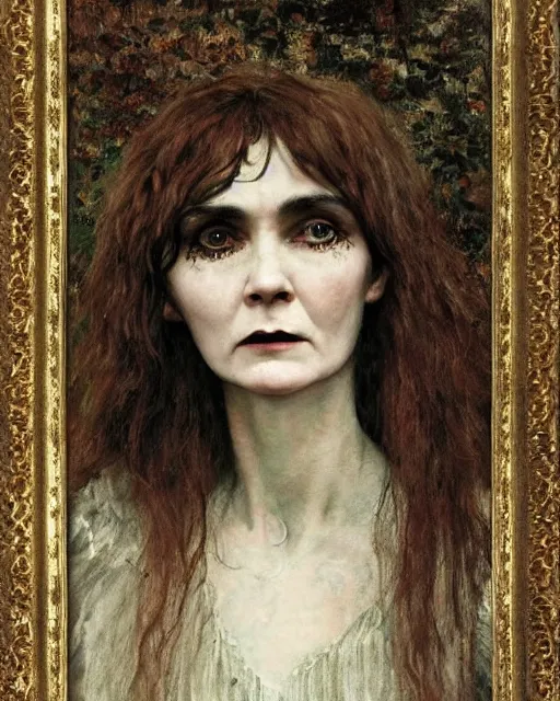 Prompt: a beautiful but sinister girl who looks like shirley henderson in layers of fear, wearing goth lace, with fierce eyes and wild hair, 1 9 7 0 s, seventies, delicate embellishments, a little blood, crimson, painterly, offset printing technique, by jules bastien - lepage