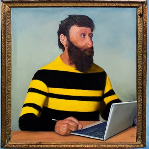 Image similar to tired man in a bumblebee costume drinks coffee in front of a laptop, highly detailed, masterpiece, realist, oil on canvas