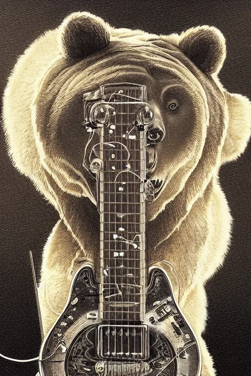 Prompt: realistic bear playing broken lines electric guitar, realistic portrait, symmetrical, highly detailed, digital painting, artstation, concept art, smooth, sharp focus, illustration, cinematic lighting, art by artgerm and greg rutkowski and alphonse mucha