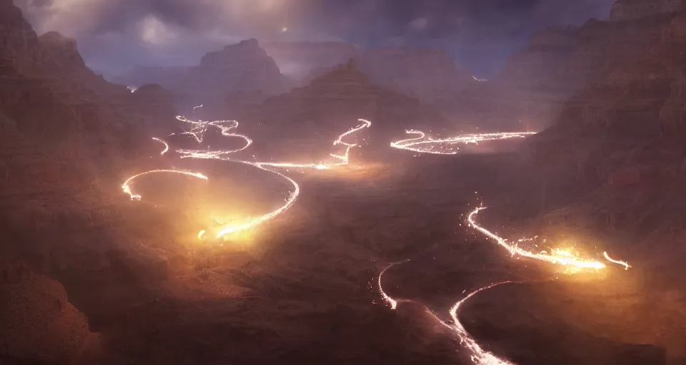 Image similar to night, a lot of people and a white luminous attractor is floating in grand canyon, concept art, art for the game, professional lighting, art