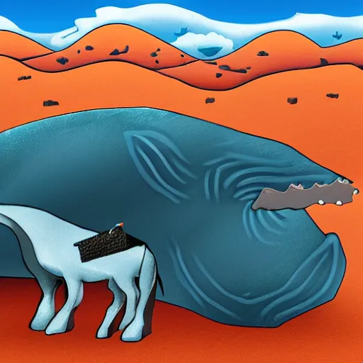 Prompt: a horse riding a whale in the desert