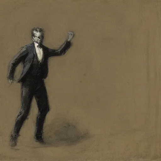 Image similar to action hero mage in suit and tie raising his arm and channeling light magic, by alfred stevens in charcoal