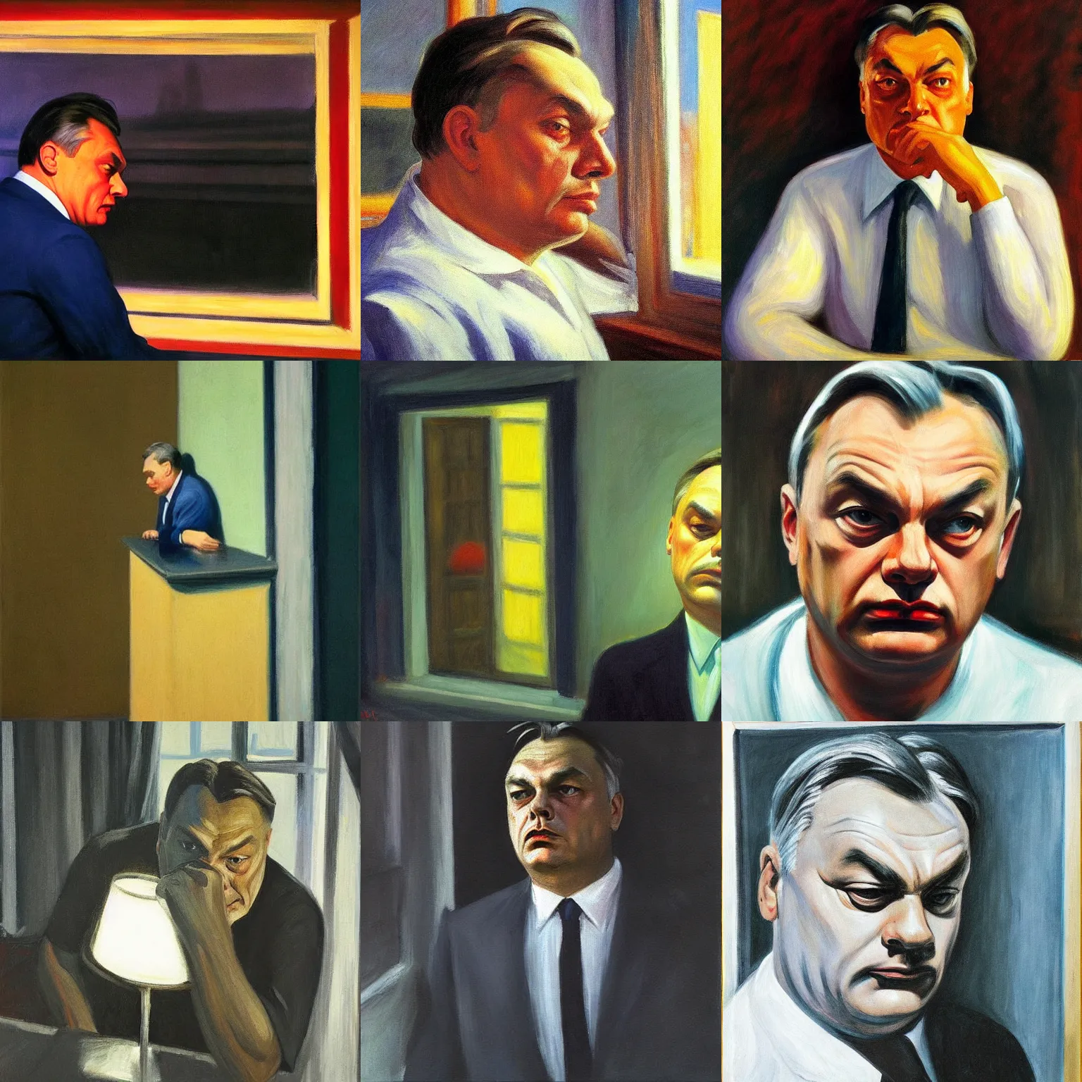 Prompt: lonely viktor orban detailed face by edward hopper