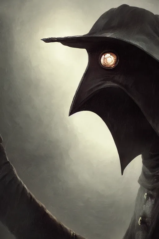 Prompt: A closeup of a Plague Doctor with a beak like mask by Greg Rutkowski, Dan Mumford, Christophe Vacher, Bloodborne, 4k photorealistic, volumetric lighting, HD, high details, dramatic, dark atmosphere, trending on artstation