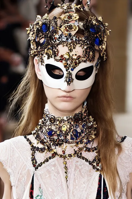 Prompt: valentino resort ss 2 0 1 7 with ornate mask headpiece