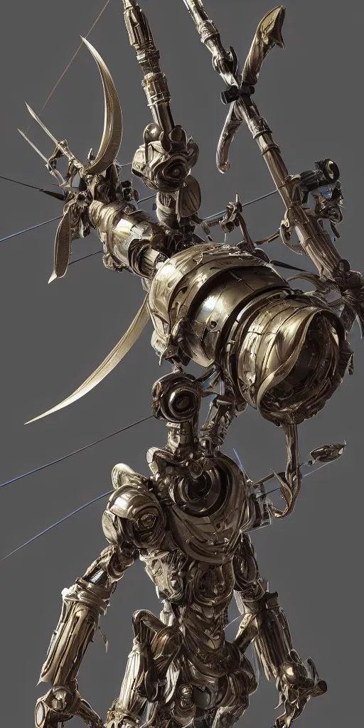 Image similar to a beautiful delicate huge mega bow and arrow weapon, solid background, electron flow, android, mechanical, metal, weapon design, fine texture structure, hyper detailed, perfect shadows, atmospheric lighting, 3 d render, in the style of pascal blanche and sparth juan zigor samaniego, paul pepera pablo roldan, displayed in the exhibition hall, 4 k hd