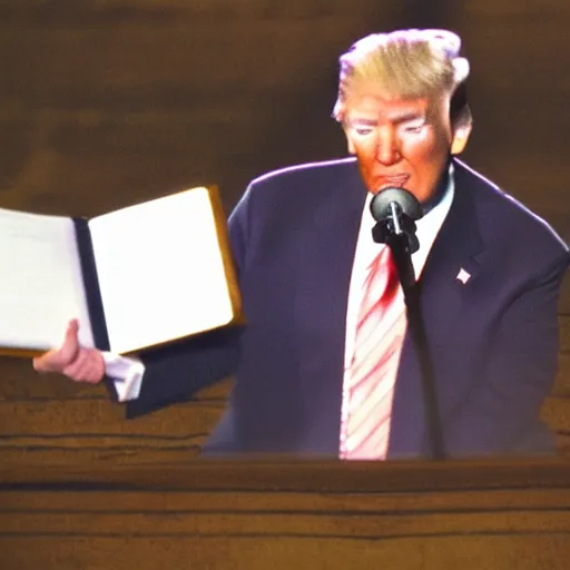 Image similar to Cinematic still of Donald Trump holding a Bible, speaking in a Baptist church in rural Alabama