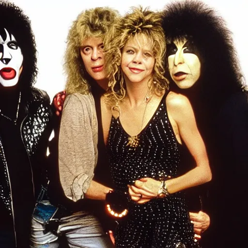 Prompt: Meg Ryan is an 80s rockstar and a member of kiss band