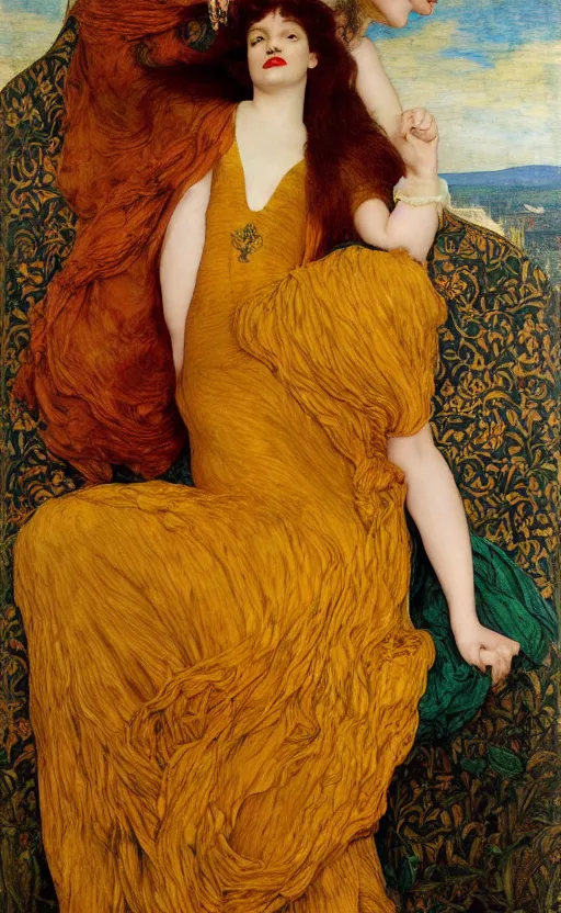 Image similar to preraphaelite full body reclining portrait photography masterpiece hybrid of judy garland and florence welch, brown hair fringe, yellow ochre ornate medieval dress, kilian eng and william holman hunt, frederic leighton, ford madox brown, william morris, framed, 4 k