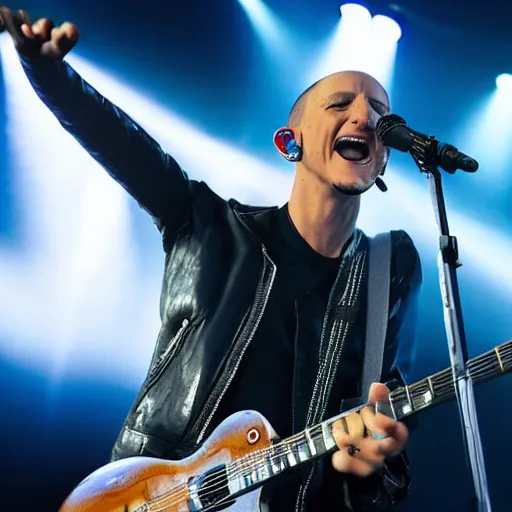 Prompt: chester bennington singing on top of a mountain