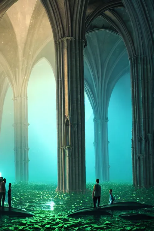 Image similar to hyperrealistic precisionist cinematic underwater dystopian neo - gothic cathedral ruins with giant luminescent colorful aquatic plants, digital art masterpiece, aykut aydogdu eric zener, dramatic volumetric light, long shot, low angle uhd 8 k, sharp focus