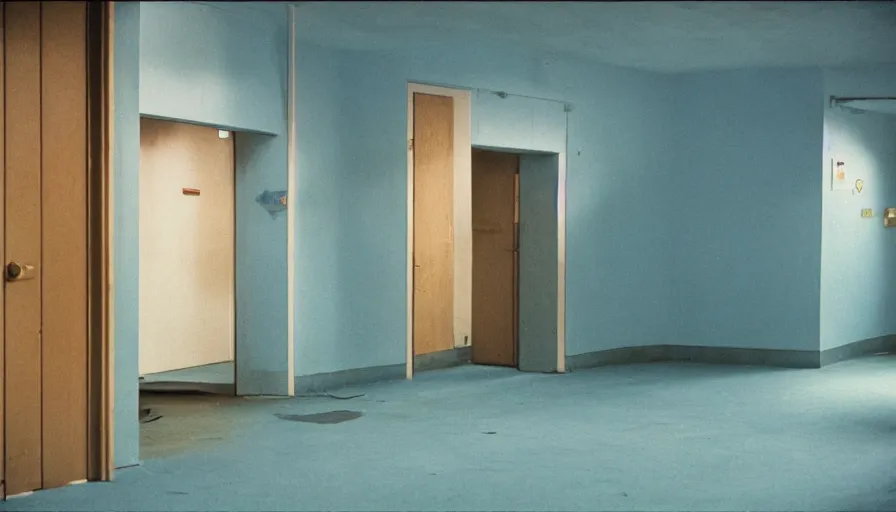 Prompt: 60s movie still of a sovietic stalinist style empty light blue parliement, cinestill 800t 50mm eastmancolor, liminal Space style, heavy grain-s 150