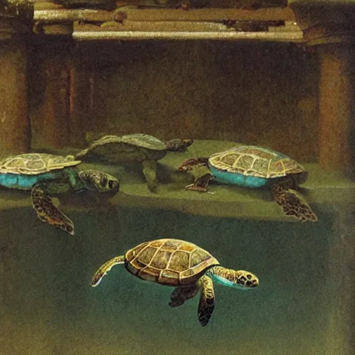 Prompt: turtles underwater in ruined city of Atlantis , by Michael Sowa