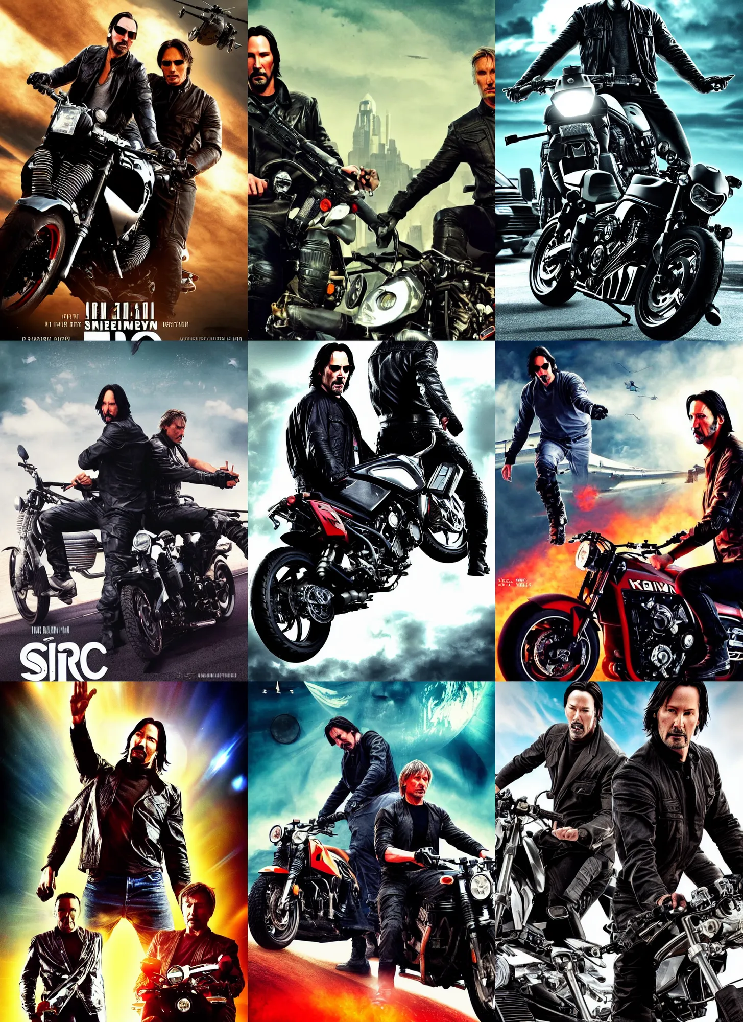 Prompt: sci-fi poster of an action movie with Keanu Reeves and Mads Mikkelsen sitting on the same motor bike, highly detailed, HD, 4K