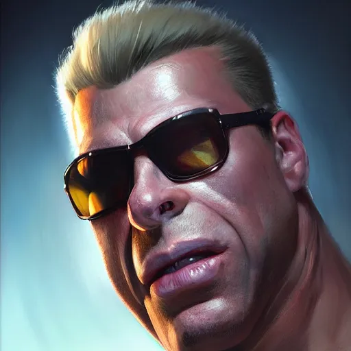 Image similar to close up portrait of duke nukem, backlit, painted by stanley lau, painted by greg rutkowski, painted by stanley artgerm, masterpiece, digital art, trending on artstation