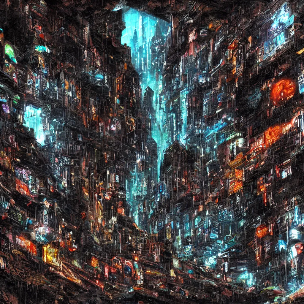 Image similar to a cave painting of a cyberpunk cave