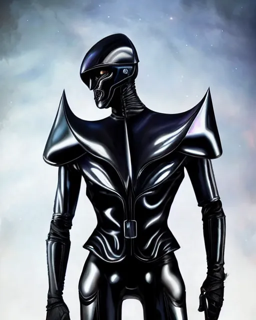 Image similar to iridescent sinewy smooth muscular male sleek glossy black pearlescent scifi armor with smooth black featureless helmet, by mark brookes, jim burns, tom bagshaw, magali villeneuve, trending on artstation